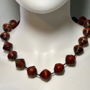Handmade Recycled Paper Bead Necklace 21” Large 19mm Colorful Boho